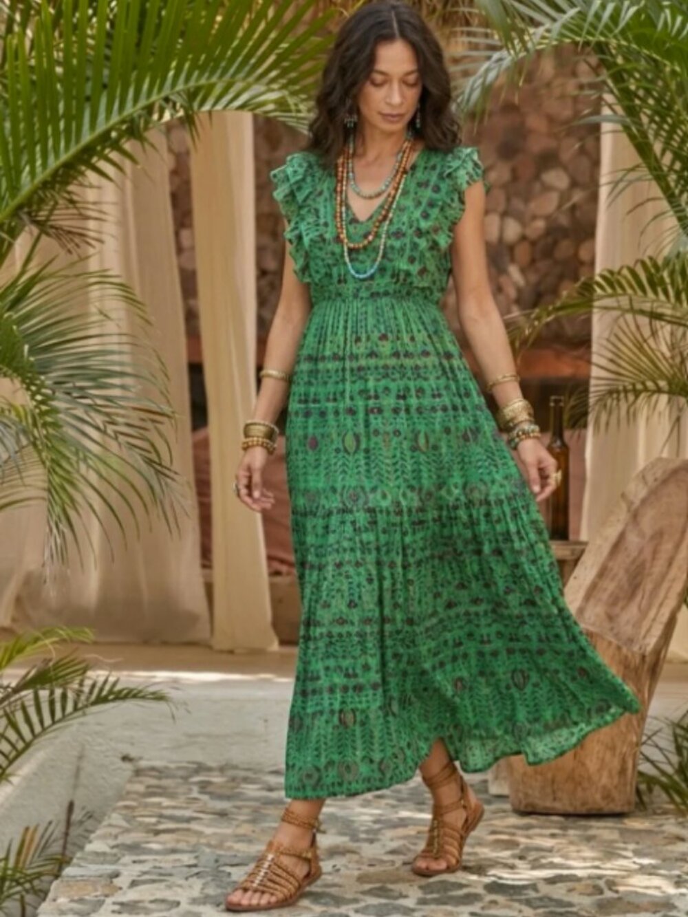 Sundance mystical mosiacs green maxi dress size XL printed boho ruffle sleeve